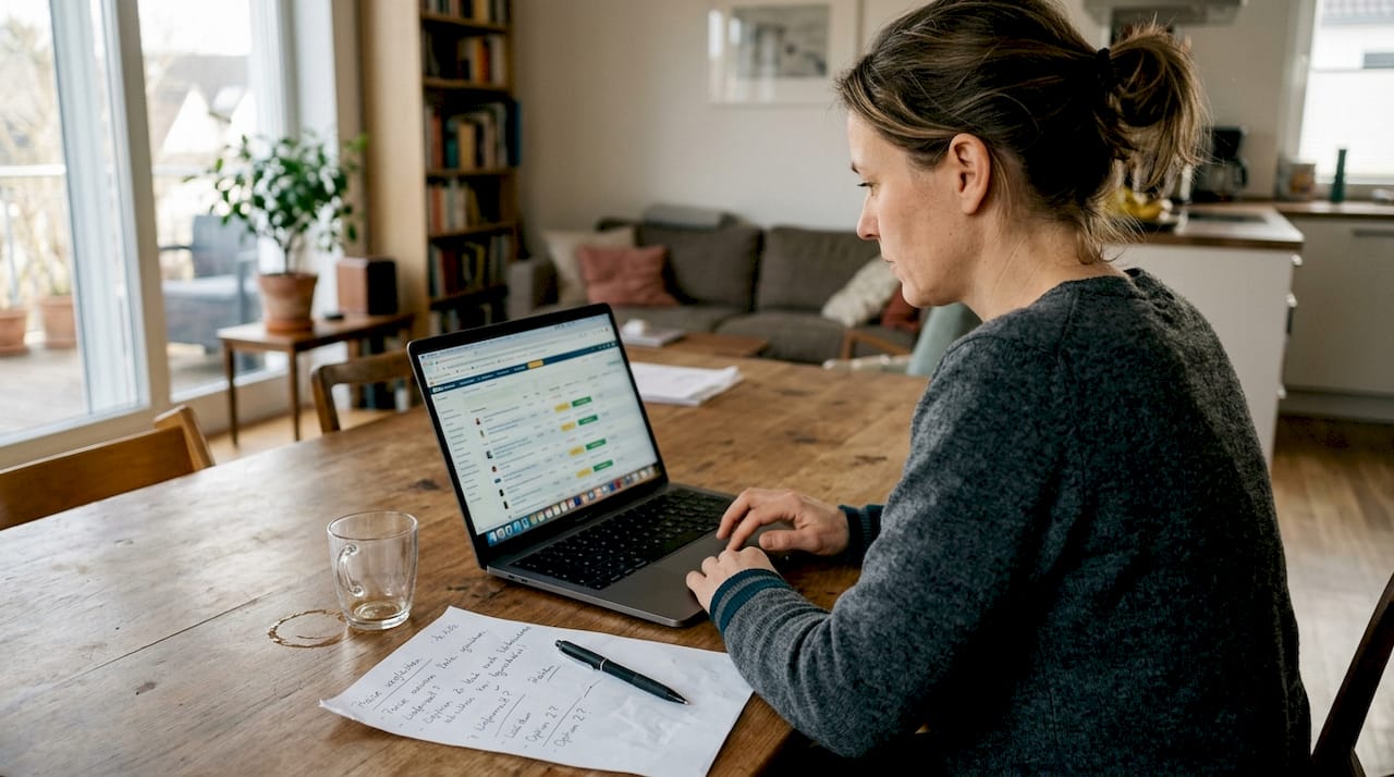 Eine Frau überprüft am Laptop die Produktinformationen auf Amazon.