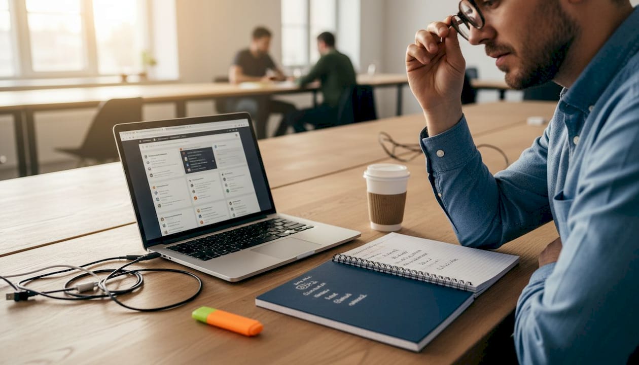 Ein Unternehmer sitzt an seinem Schreibtisch und entdeckt neue Tools und Möglichkeiten rund um Amazon.