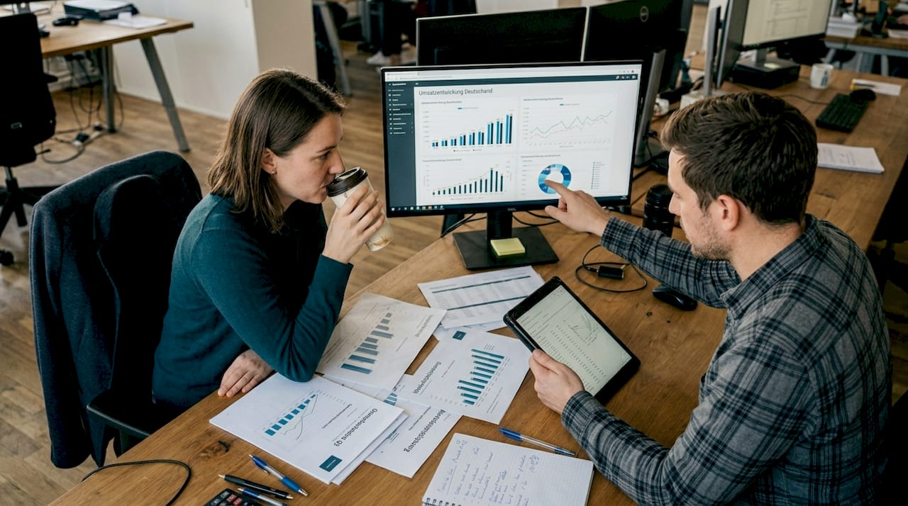Ein Team begutachtet gemeinsam die aktuellen Verkaufszahlen auf Grafiken im Besprechungsraum.