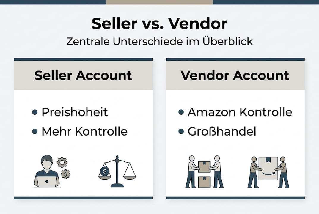 Übersichtliche Infografik: Die wichtigsten Unterschiede zwischen Seller und Vendor im direkten Vergleich
