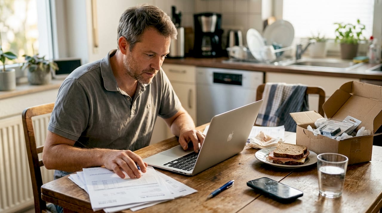 Eine Verkäuferin jongliert am Küchentisch zwischen Laptop und Rechnungen.