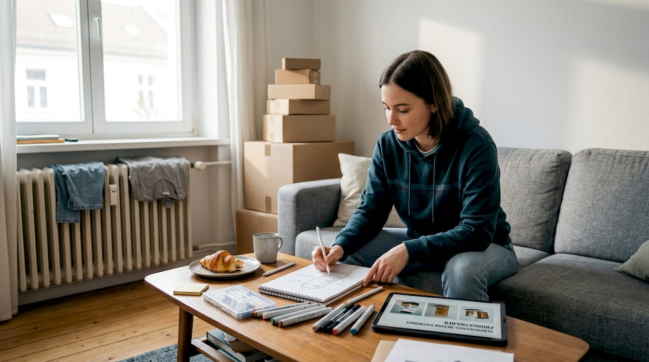 Ein Designer sitzt entspannt auf dem Sofa und skizziert neue Produktideen.