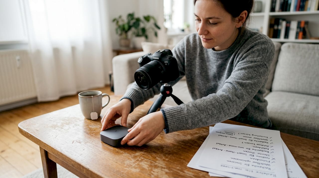 Eine Frau fotografiert Produkte für ihren Amazon-Shop am Wohnzimmertisch.