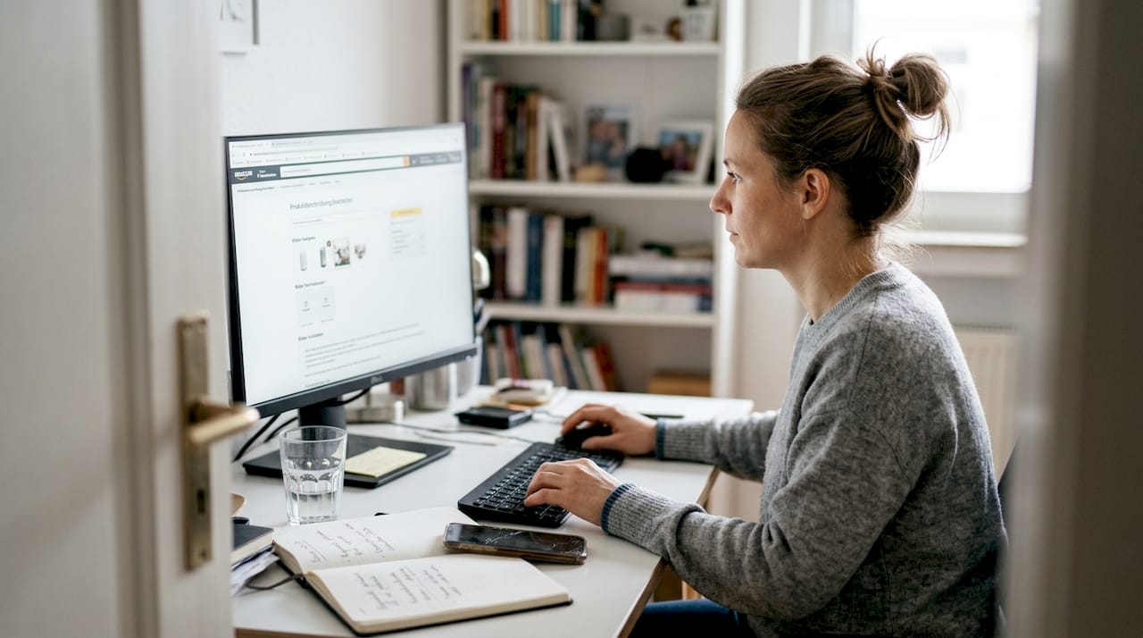 Eine Frau bearbeitet Produktfotos an ihrem Schreibtisch im Homeoffice.