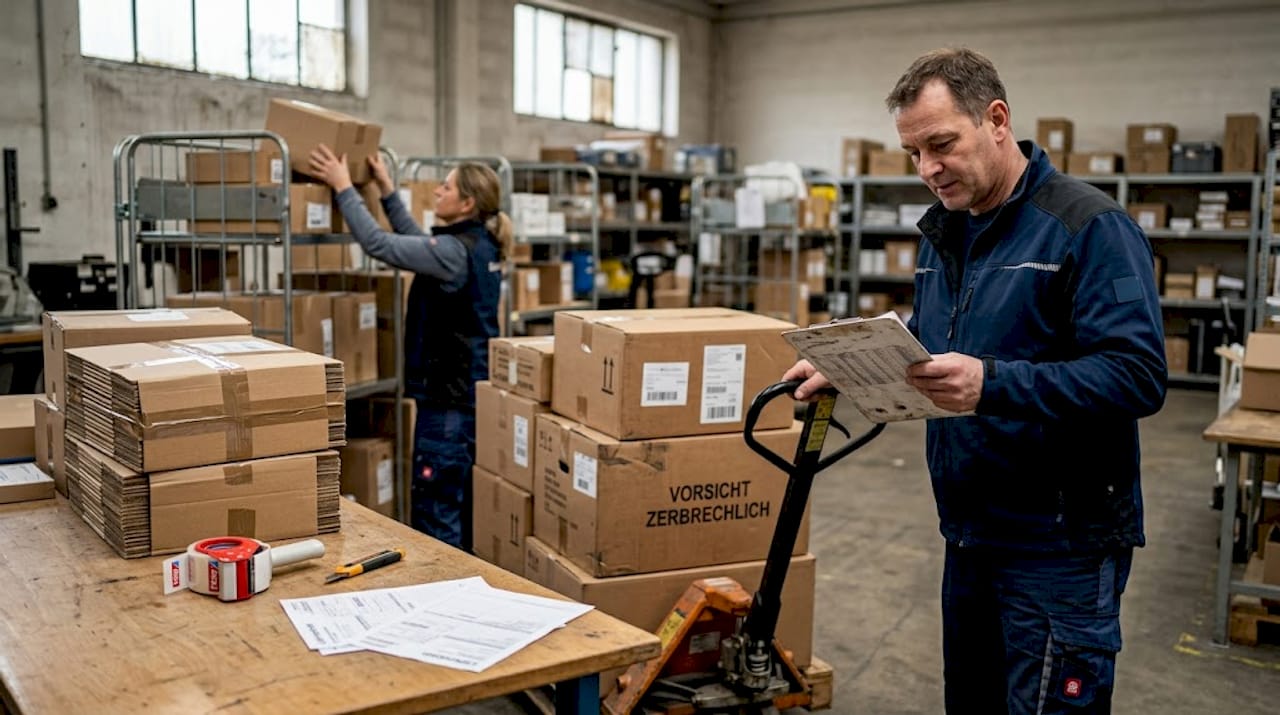 Mitarbeiter im Lager bearbeiten Amazon-Bestellungen direkt auf der Fläche.
