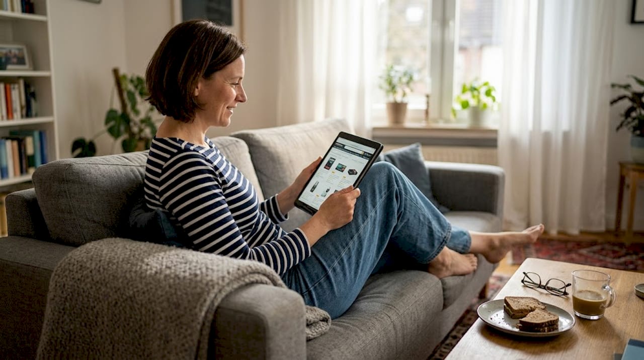 Eine Frau sitzt entspannt auf dem Sofa und stöbert durch verschiedene Angebote bei Amazon.