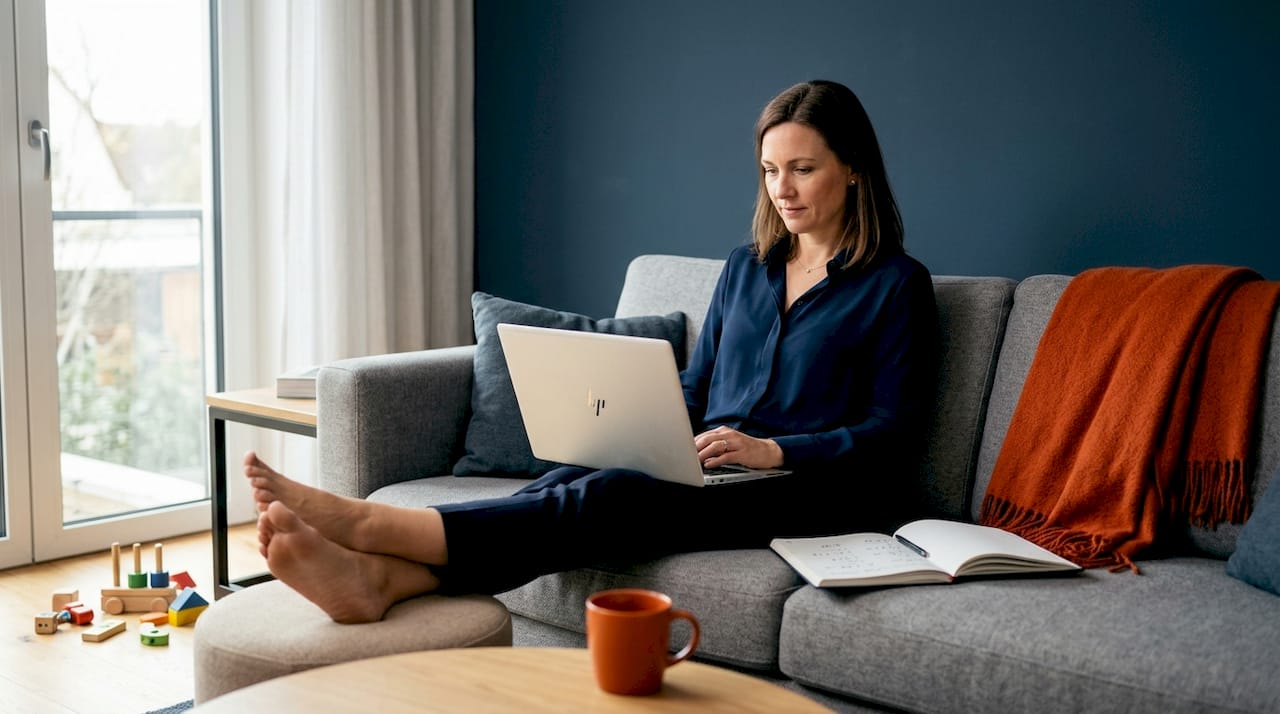 Eine Frau arbeitet zu Hause am Laptop und nutzt dabei BSR-Tools.