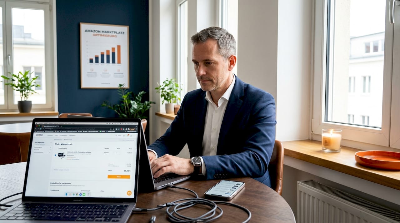 Ein Mann stößt beim Bezahlen am Laptop auf Schwierigkeiten.