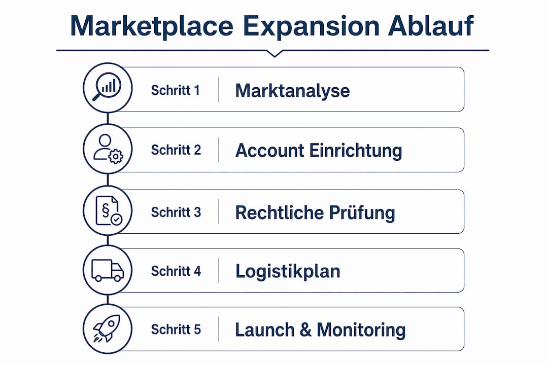 Übersichtsgrafik: Die fünf entscheidenden Schritte zur erfolgreichen Expansion auf Online-Marktplätzen