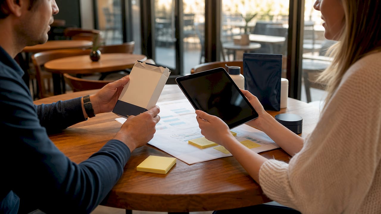 Eine Person hält eine Produktverpackung in der einen und ein Tablet in der anderen Hand – beides liegt nebeneinander.