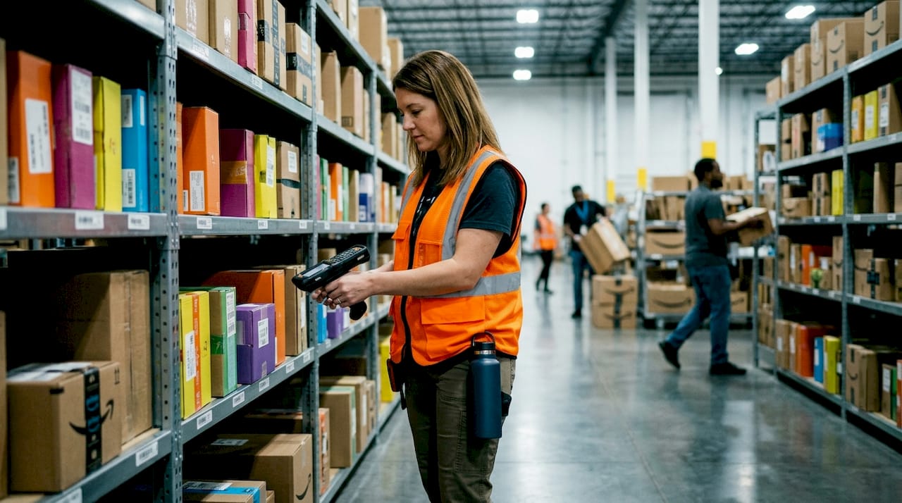 Eine Mitarbeiterin erfasst Pakete mit einem Scanner im Amazon-Logistikzentrum.