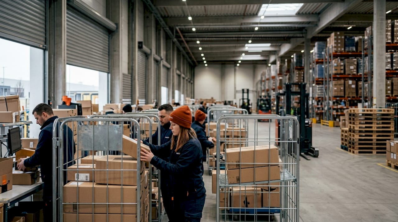 Amazon-Beschäftigte verteilen Pakete in Graben