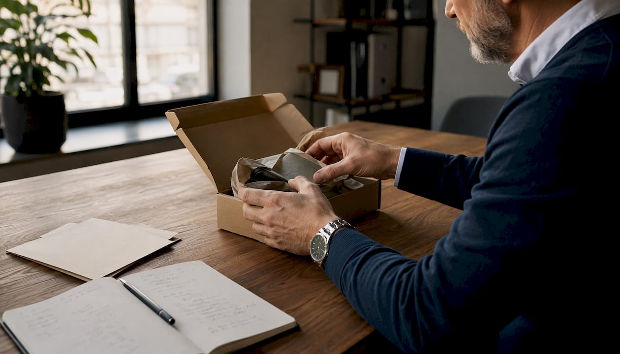 Jemand prüft Muster von Dropshipping-Produkten sorgfältig am Tisch.