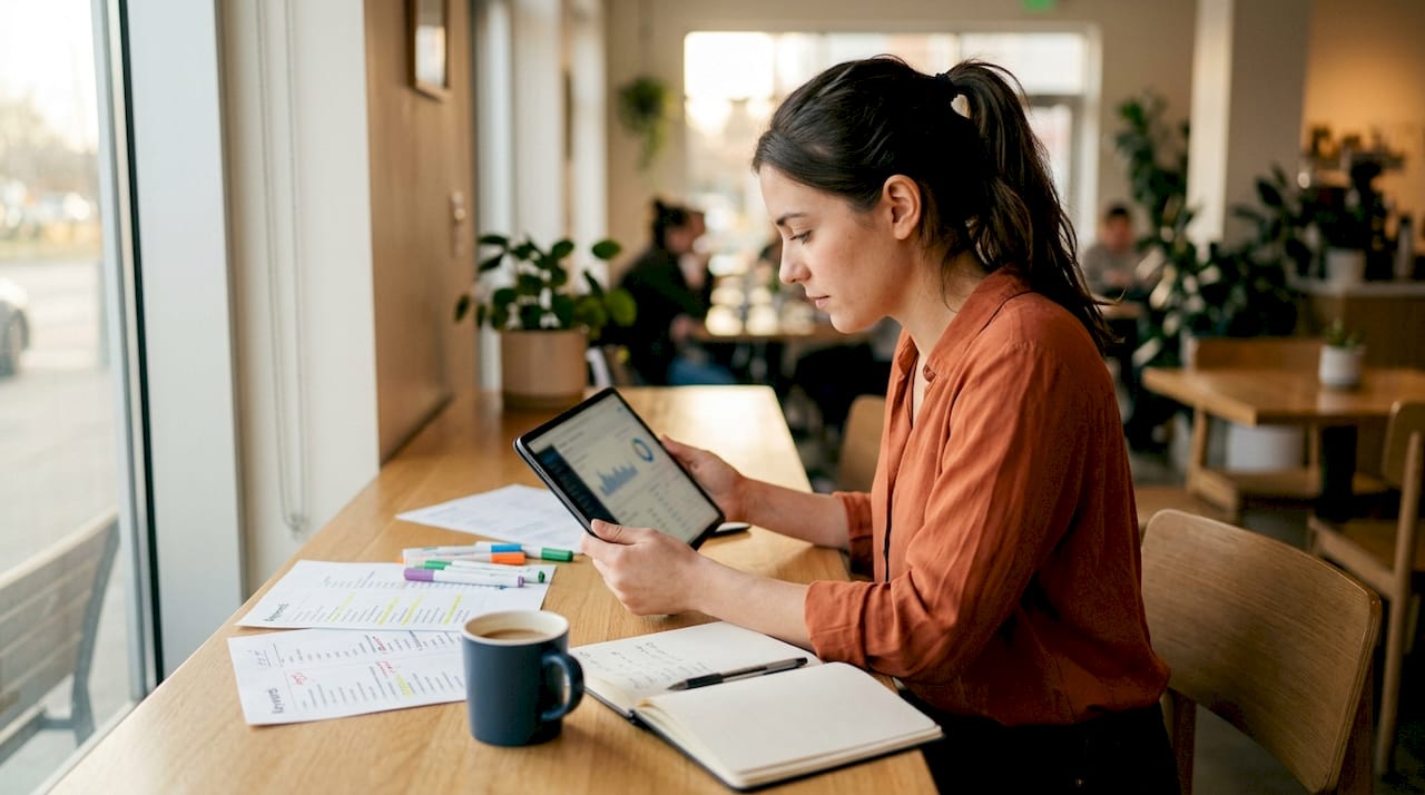 Eine Frau überprüft auf ihrem Tablet die wichtigsten Faktoren für das Ranking.