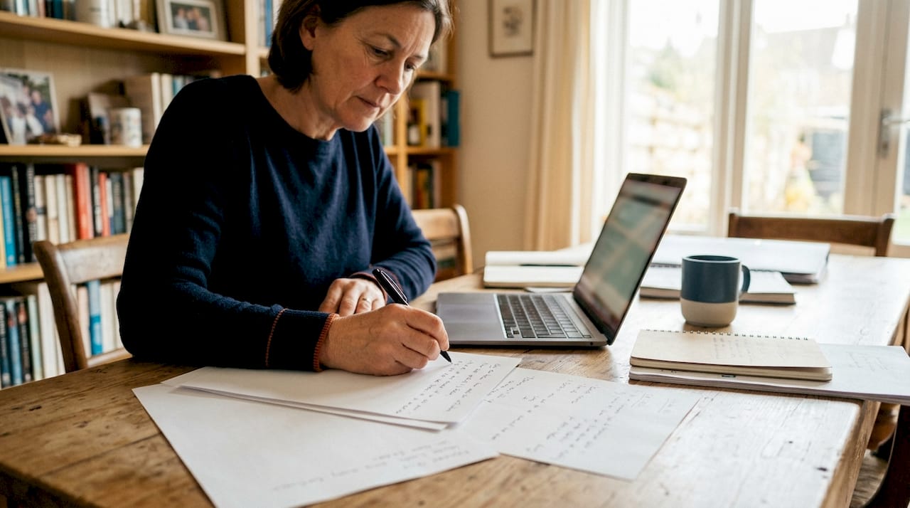 Keyword-Recherche am Laptop – ganz klassisch mit Stift und Papier