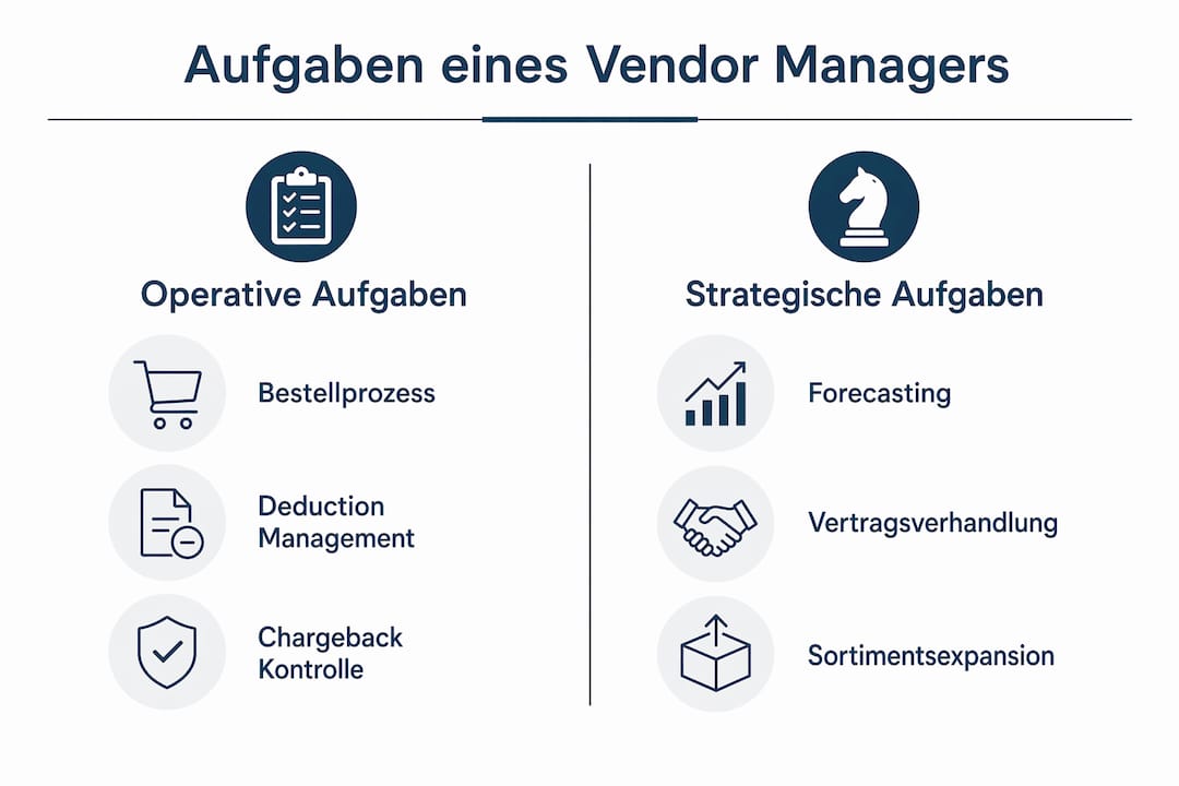 Die Infografik veranschaulicht die vielfältigen operativen und strategischen Aufgaben, die ein Vendor Manager übernimmt.