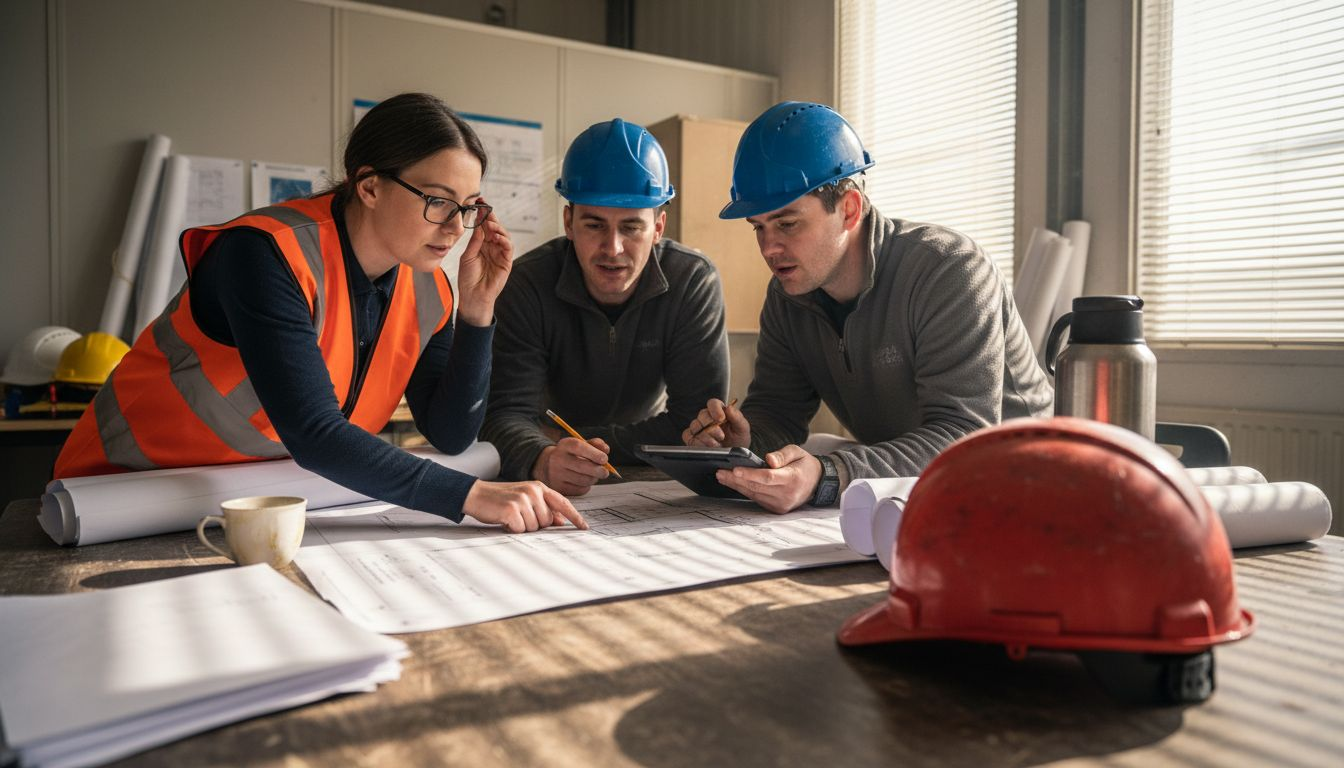 Construction team reviews workflow documents