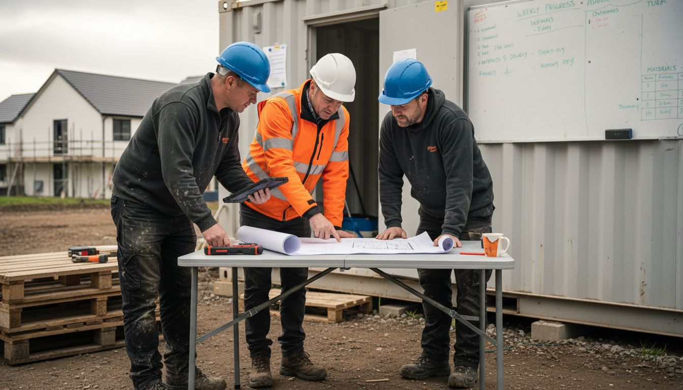 Construction team reviewing site plans outside