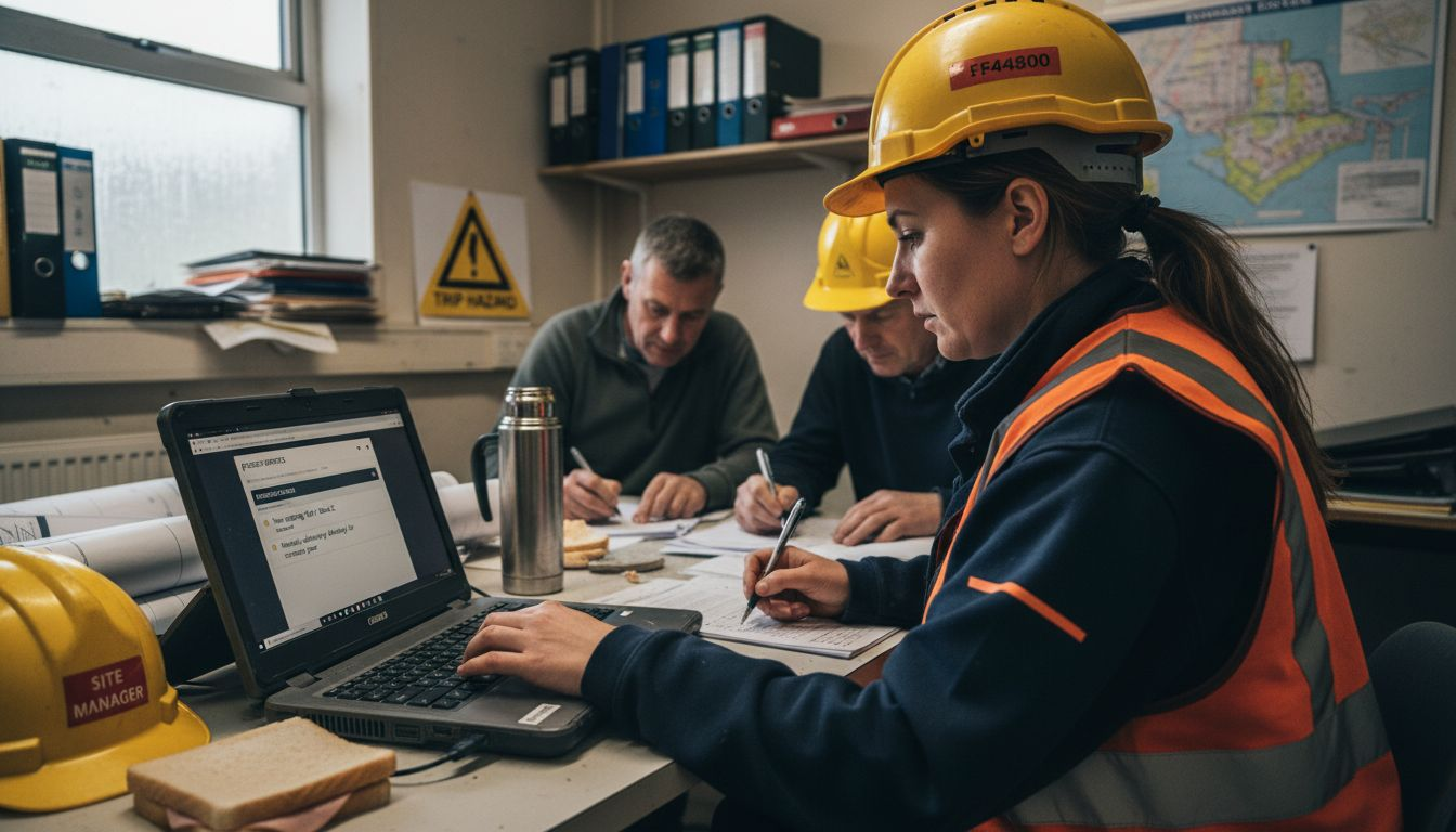 Foreman using digital platform with team on site