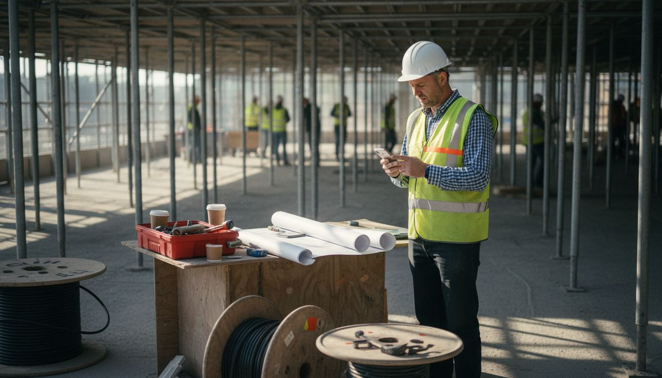 Frustrated site manager checks phone amid chaos