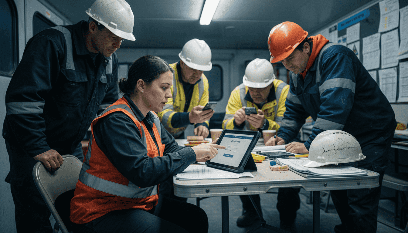 Forewoman onboarding crew to mobile app in trailer