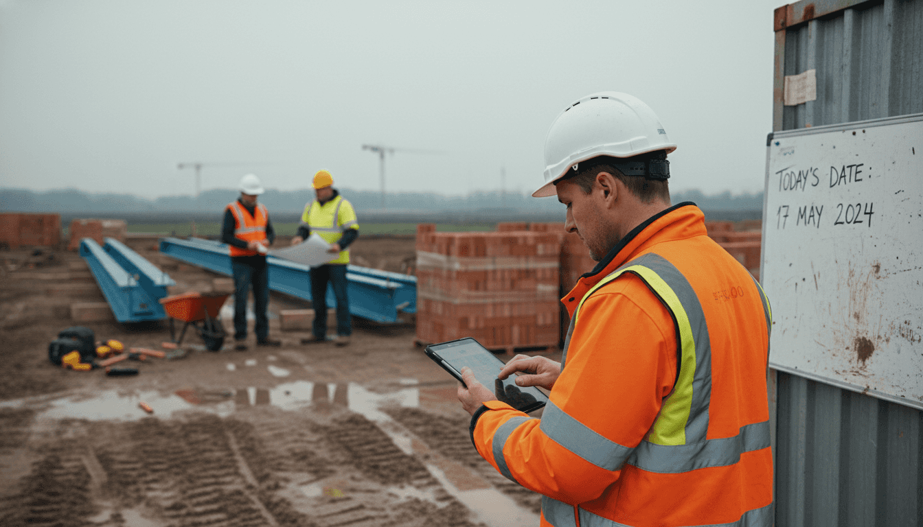 Site manager checking digital updates on construction site