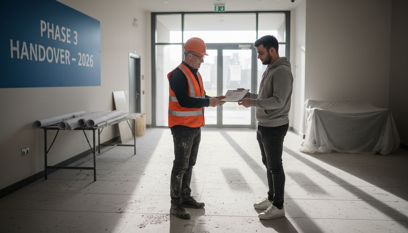 Site manager handing over documents in lobby