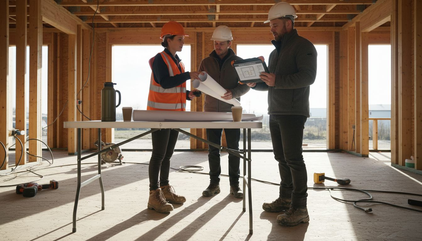 Team collaborating in unfinished residential build