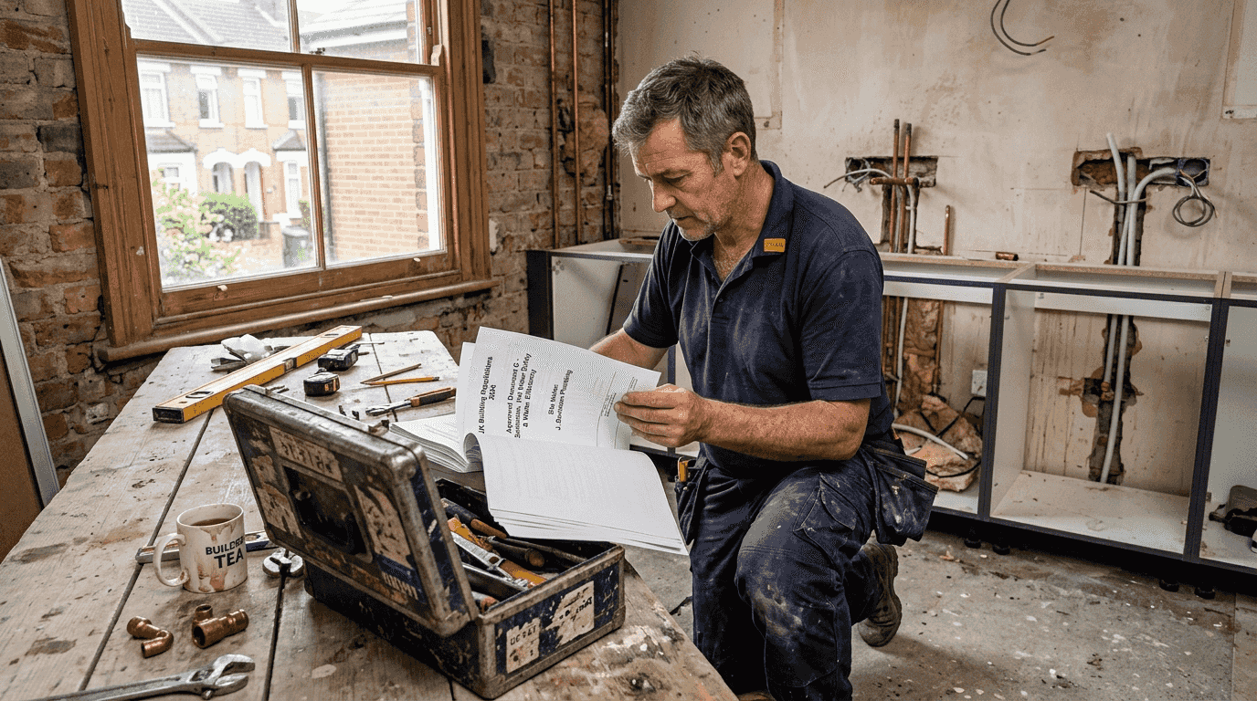 Plumber checks paperwork in messy kitchen