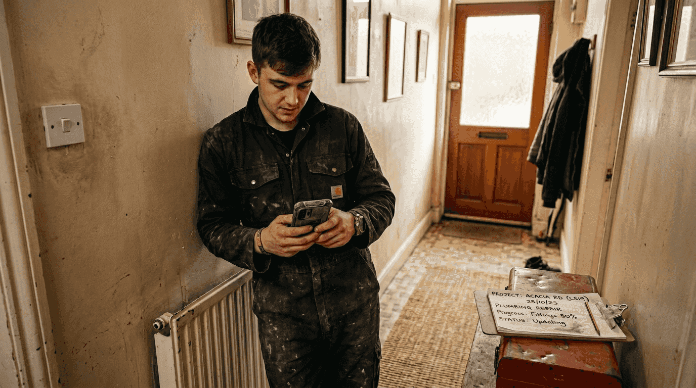 Plumber updates labour hours via smartphone