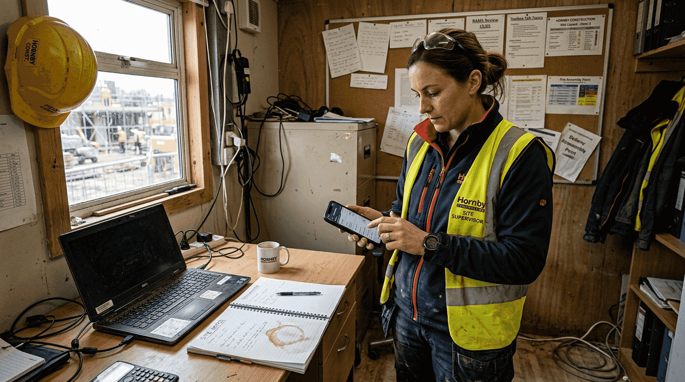 Supervisor uses phone in site office