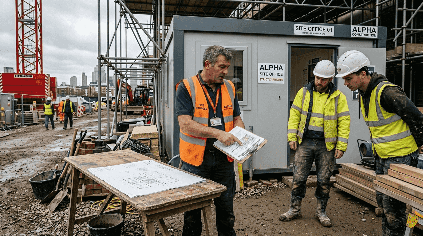 Site manager and crew discuss project coordination