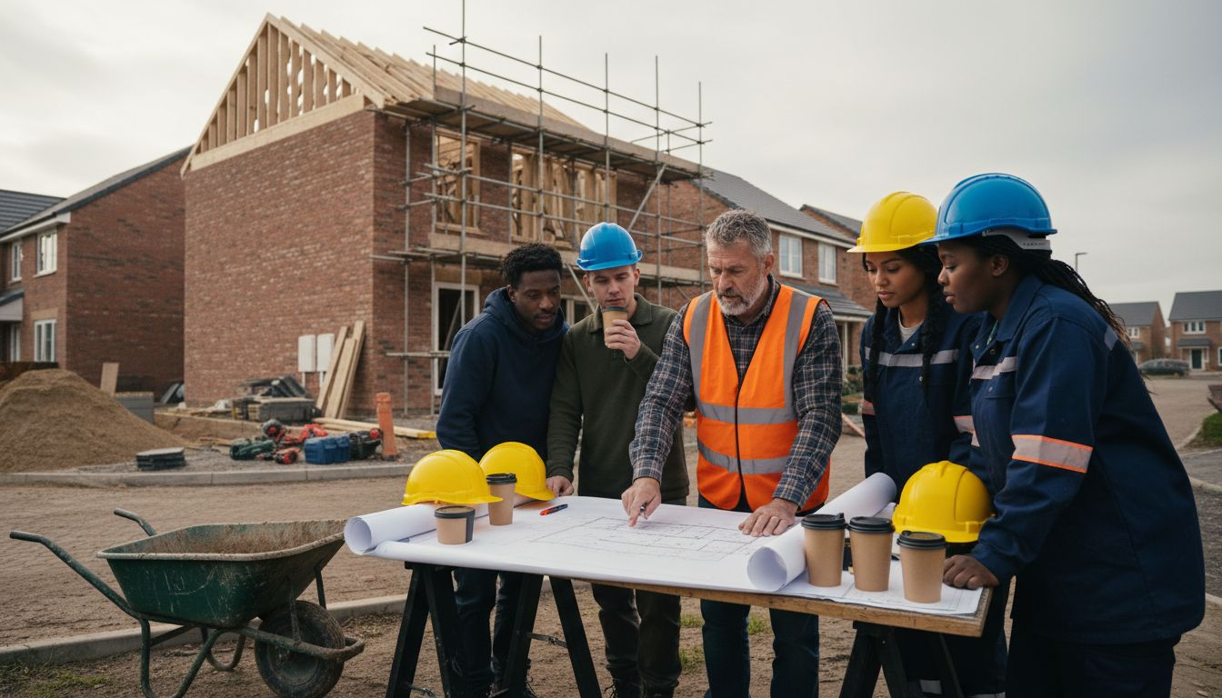 Site manager leading team meeting at construction site