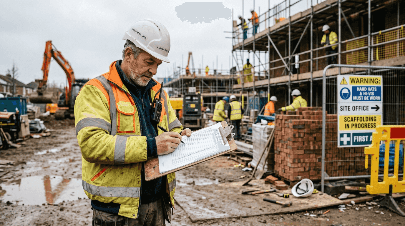 Site manager checking safety checklist onsite