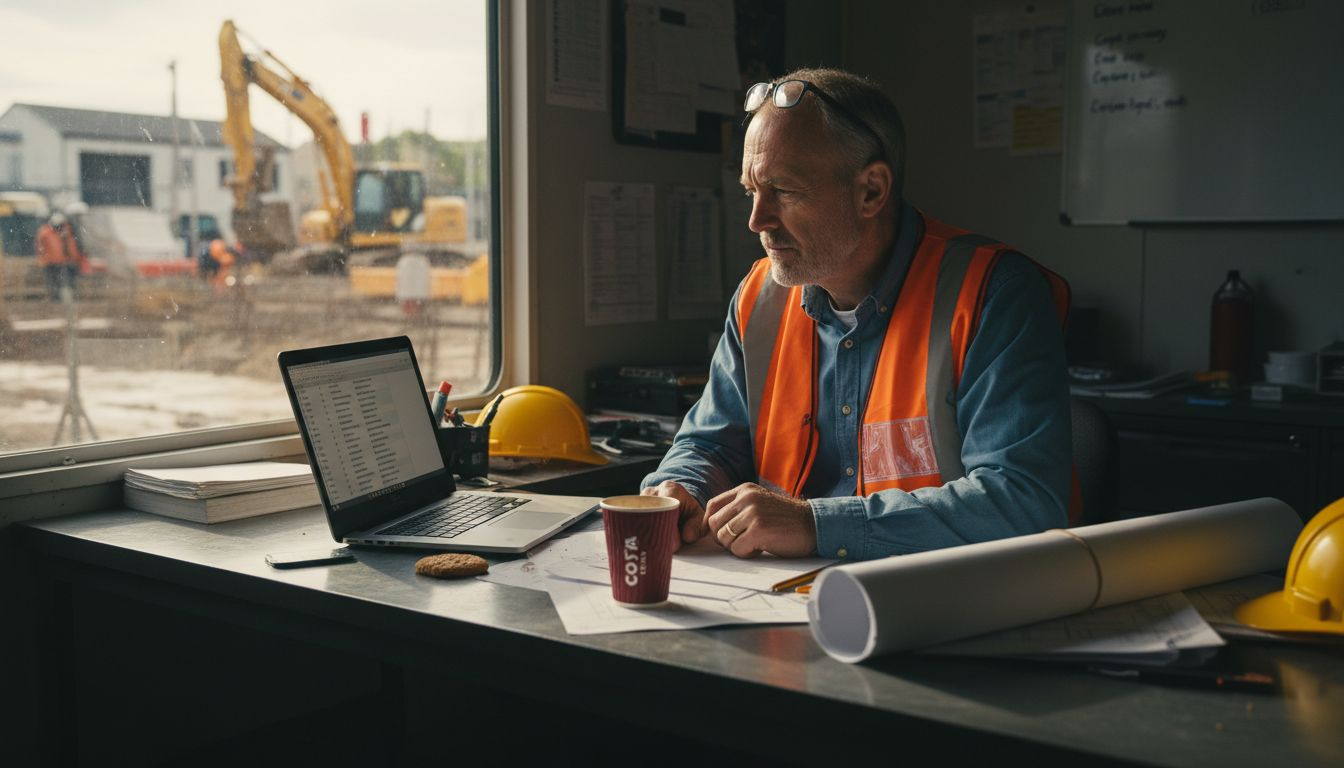 Site manager sorting emails in cluttered office