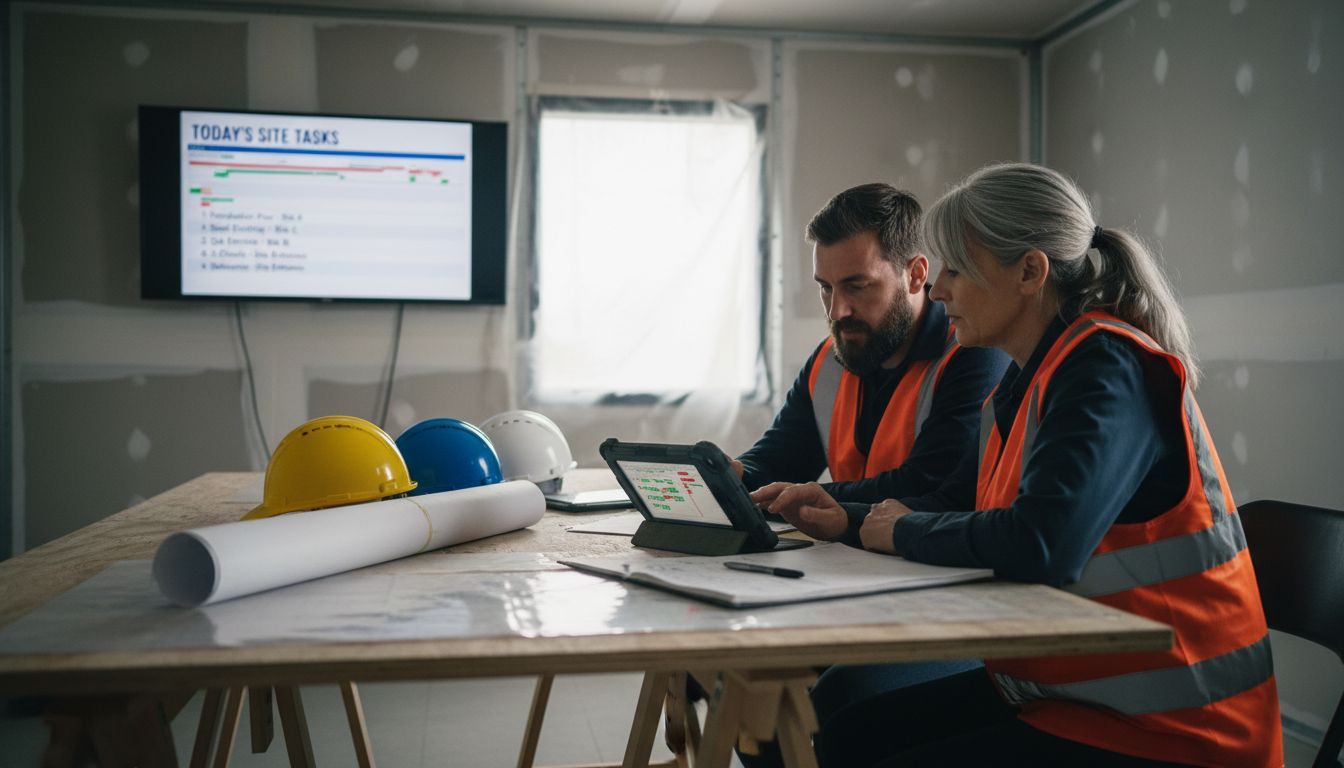 Engineers discussing project with digital platform