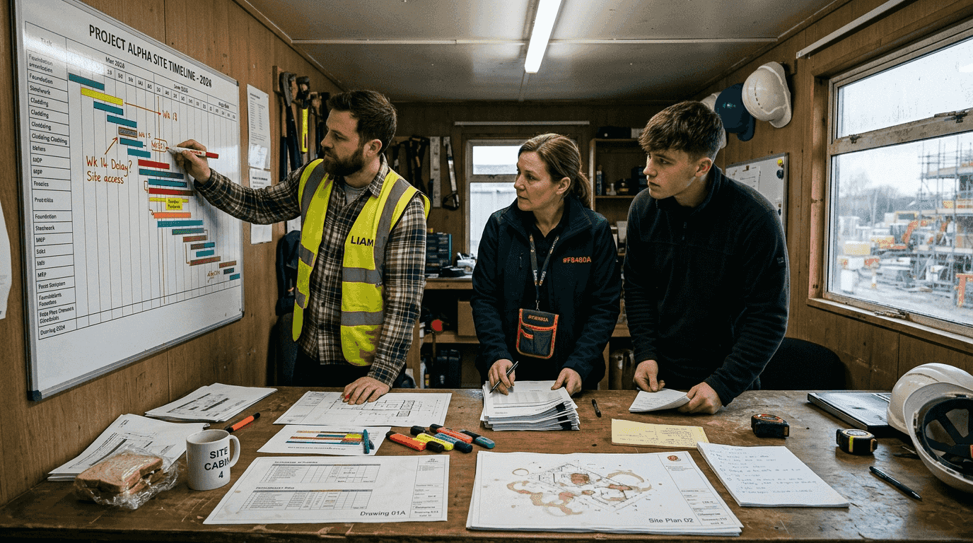 Construction team reviewing project control process