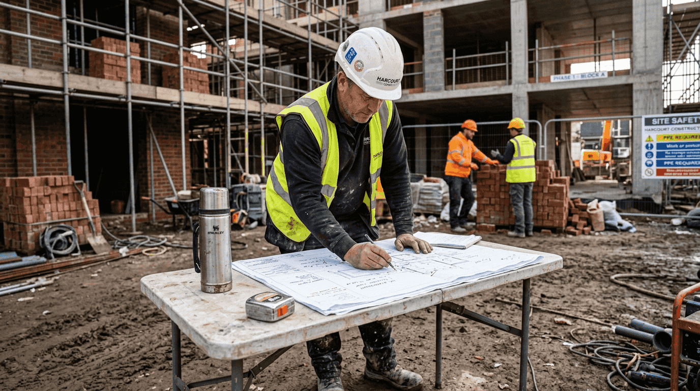 Site manager reviewing plans at UK construction site