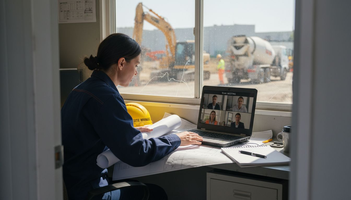Project manager in video meeting on construction site