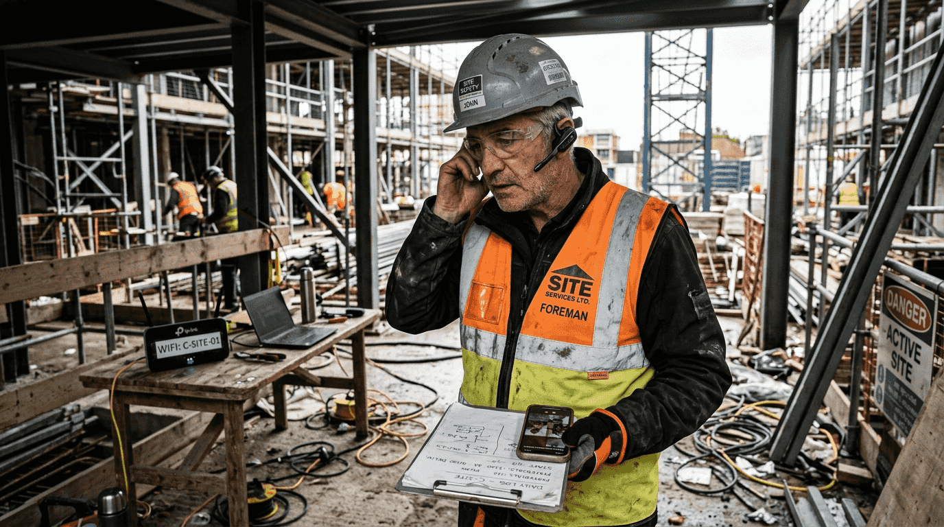 Foreman adjusting headset during onsite video call