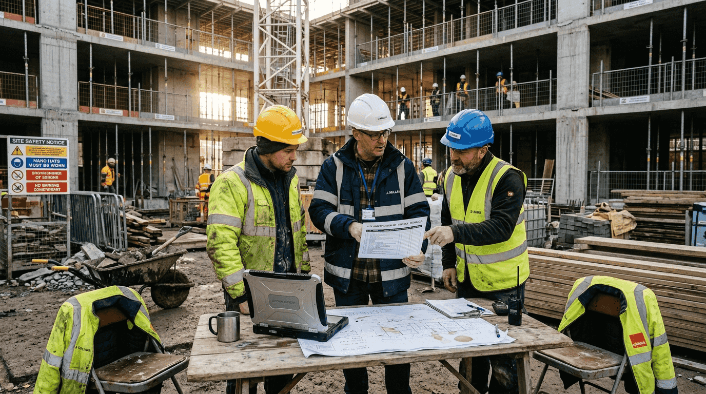 Project manager reviews checklist onsite