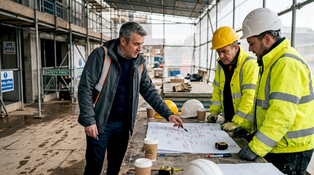 Construction team reviewing plans on active site