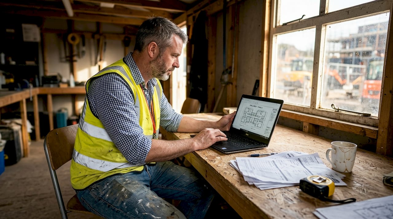 Manager reviewing digital construction plans onsite