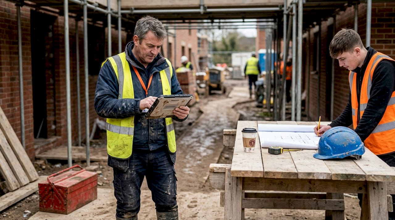 Site manager checks tablet on busy building site