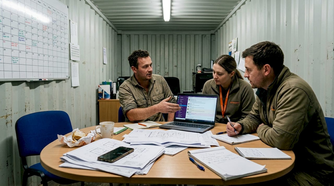 Team in site office using chat software