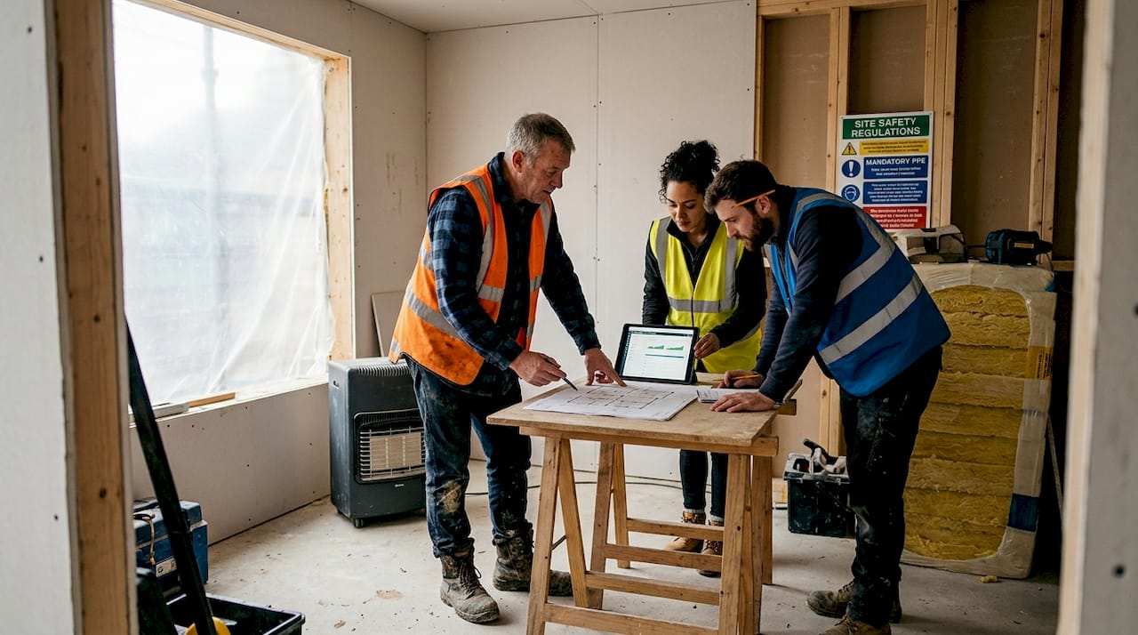 Construction team reviewing workflow at project site