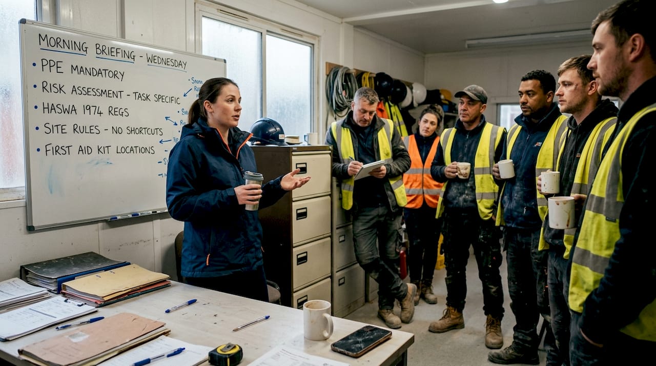 Safety briefing at construction site office