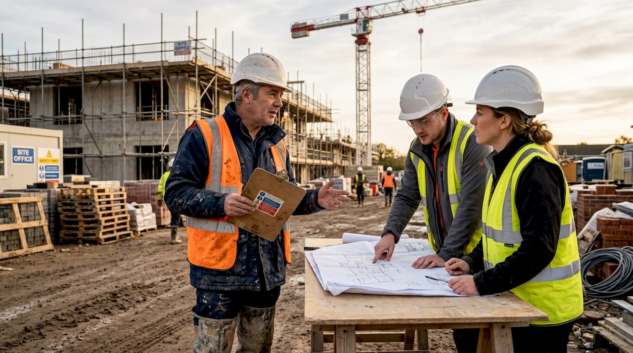 Site manager discussing plans with engineers