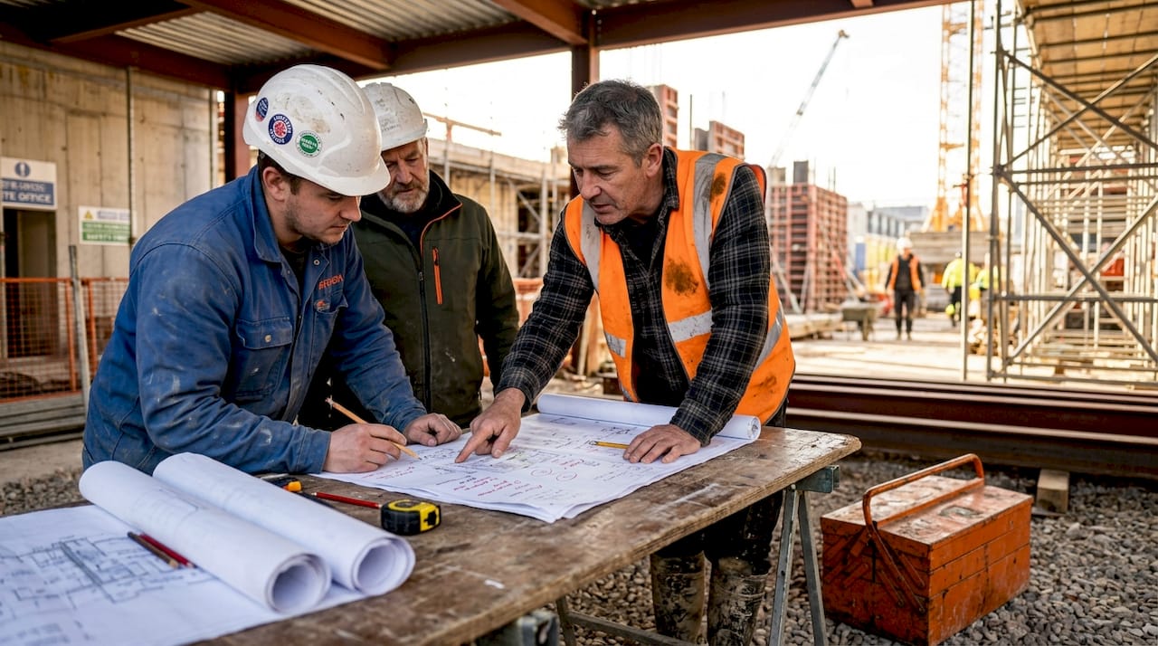Site manager reviews plans with team