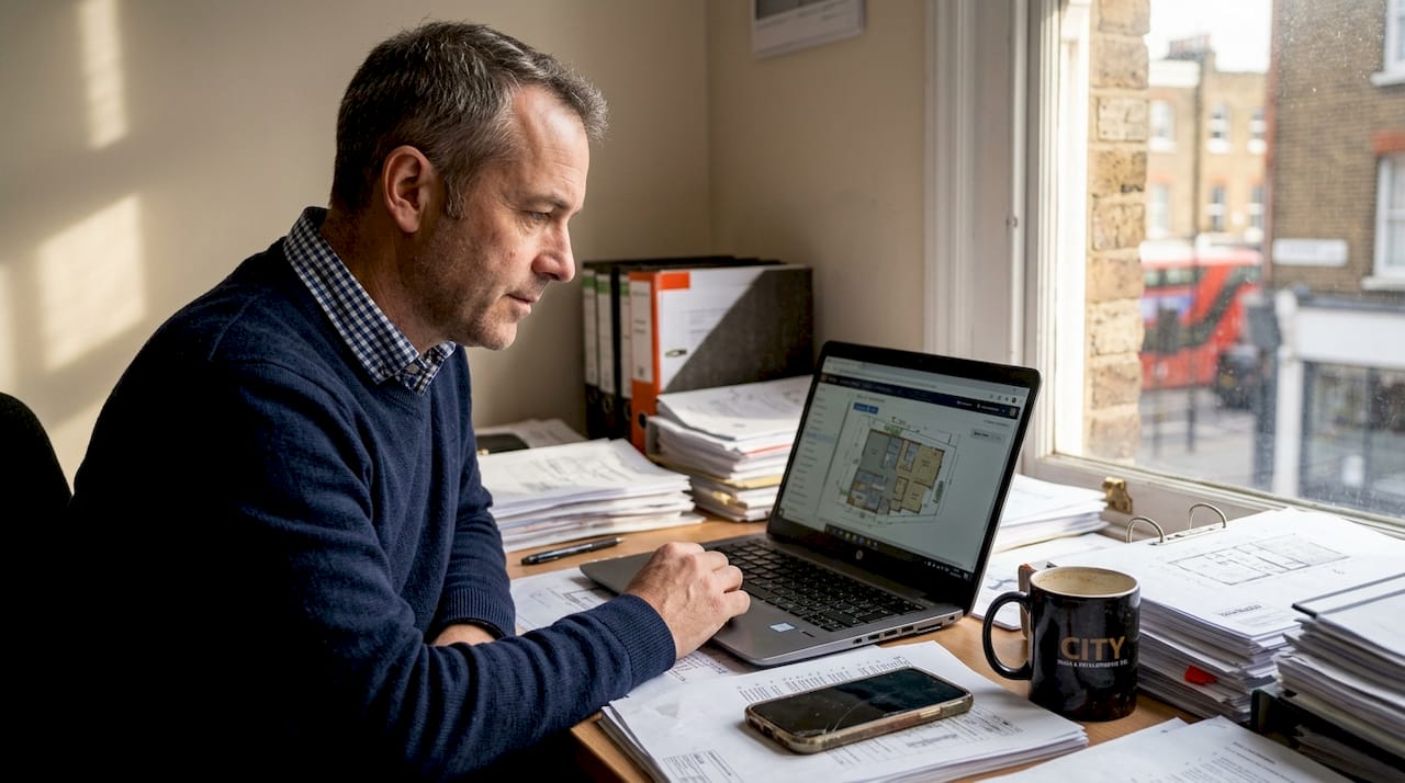 Project manager using construction software at desk